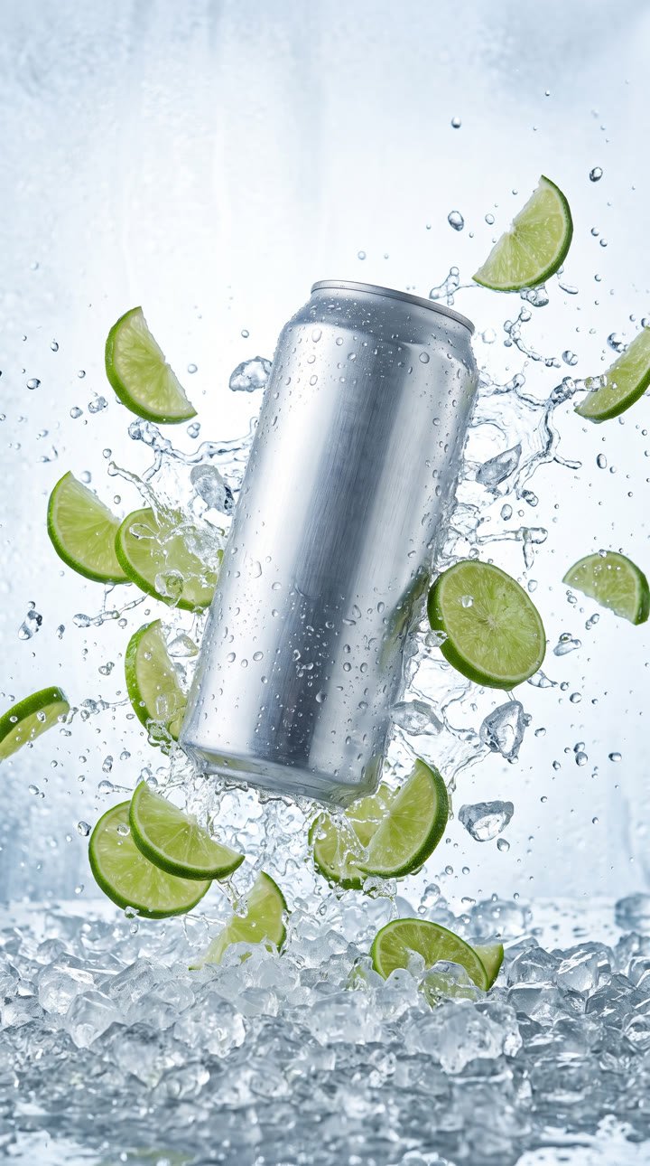 Sample ad: an aluminum can bursting out of ice and limes