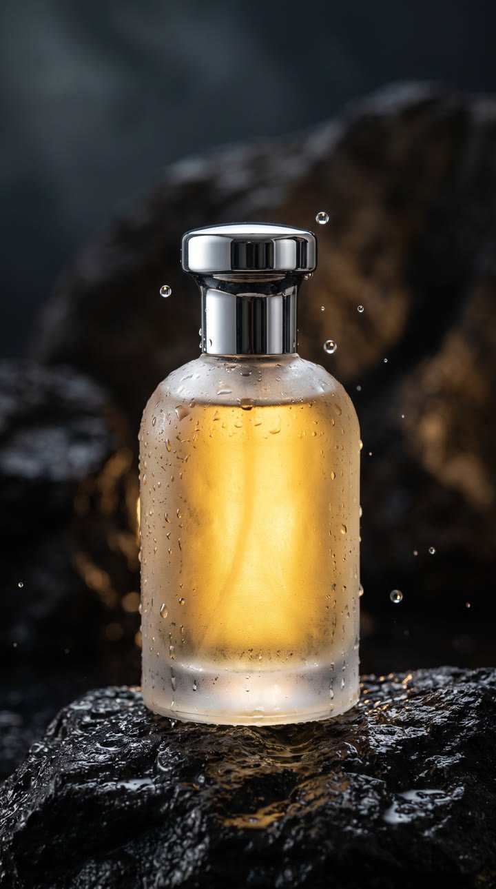 Sample ad: a frosted perfume bottle on wet black stone