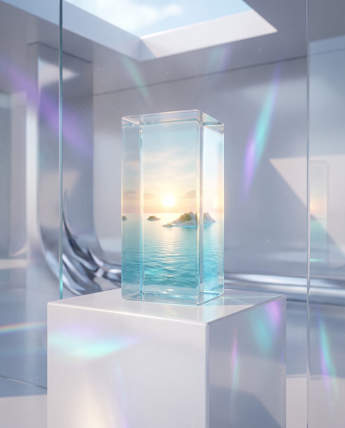A glass block on a white plinth with a glowing sea inside it