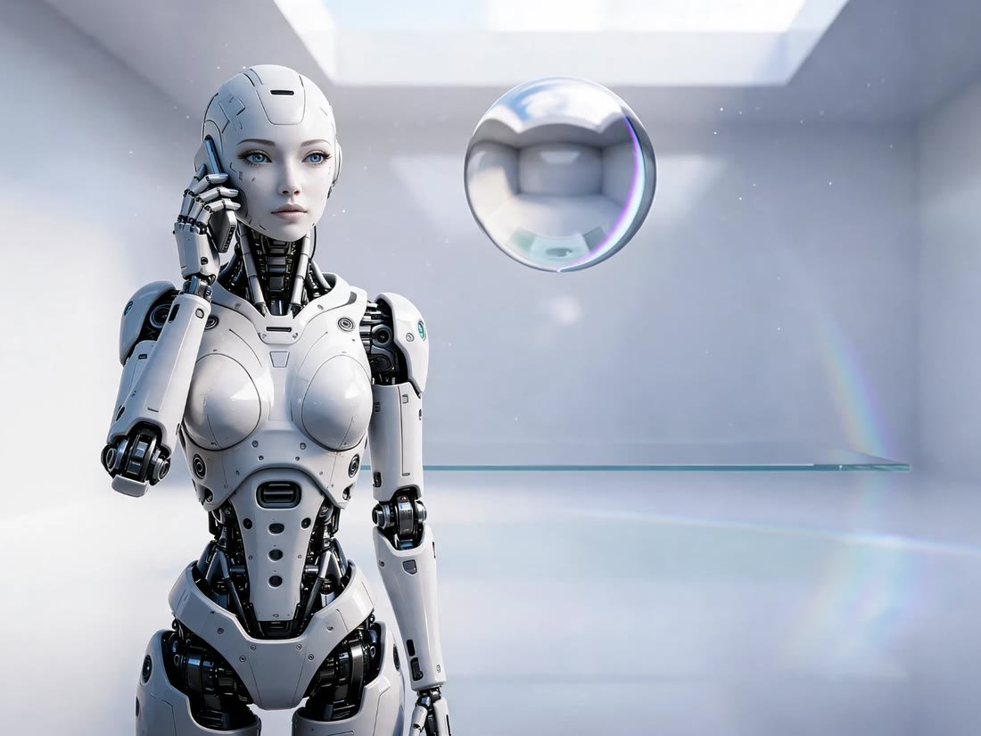 A white humanoid robot on a phone call in a bright glass studio, beside a floating glass sphere